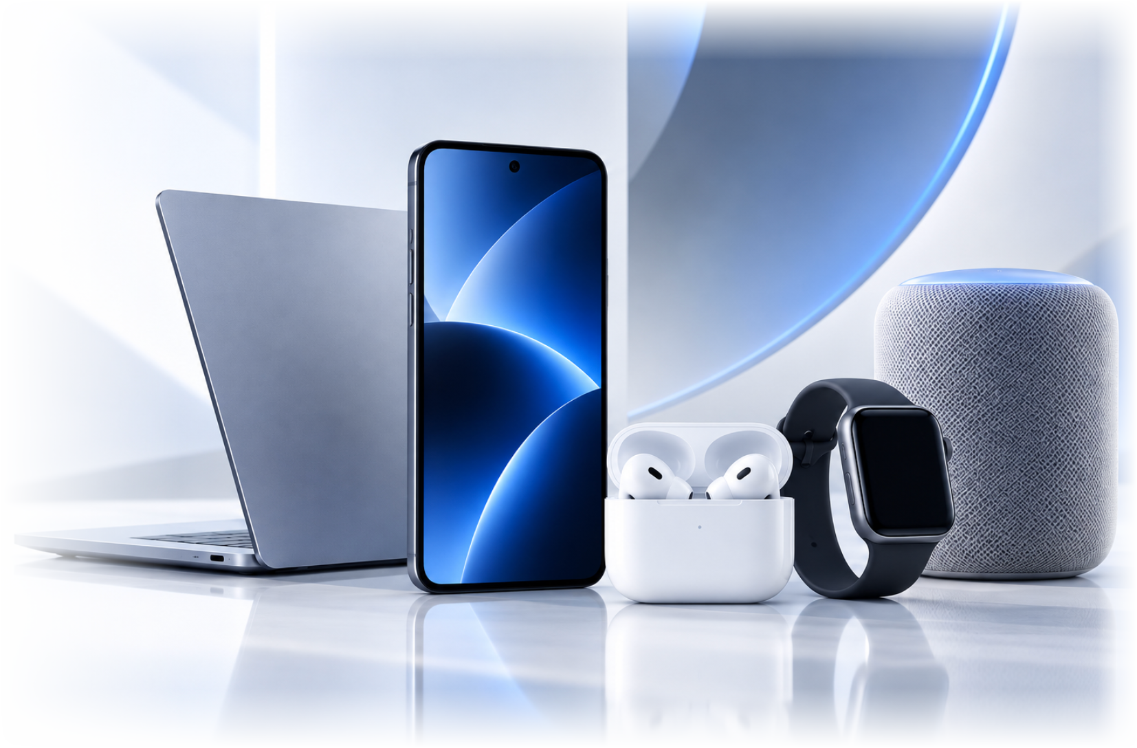 Consumer electronics including a smartphone, laptop, earbuds and smartwatch